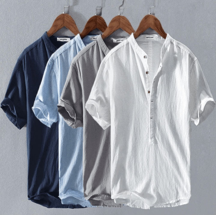 Chemise homme en lin léger style Provence, col mandarin. Confort estival et élégance décontractée.