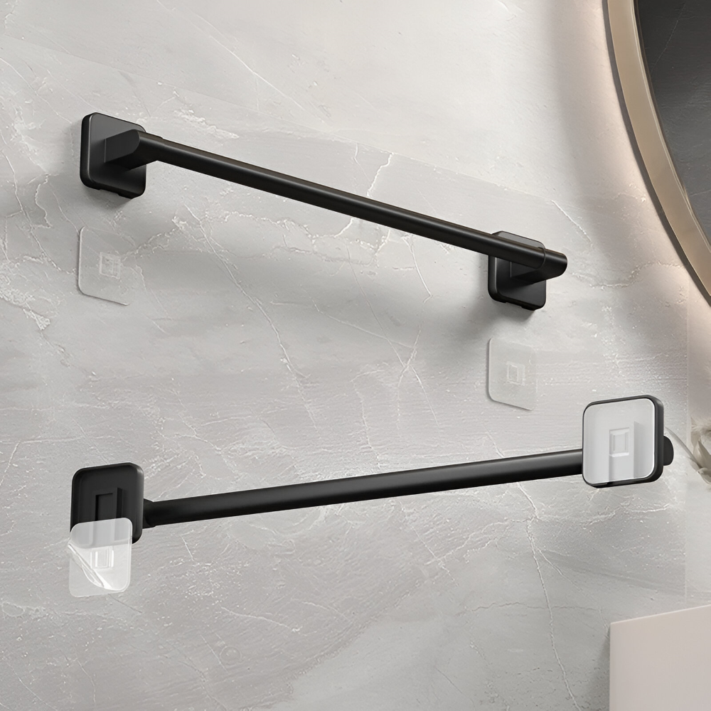 Porte-serviettes noir autocollant robuste en aluminium, accessoire de salle de bain moderne et durable.