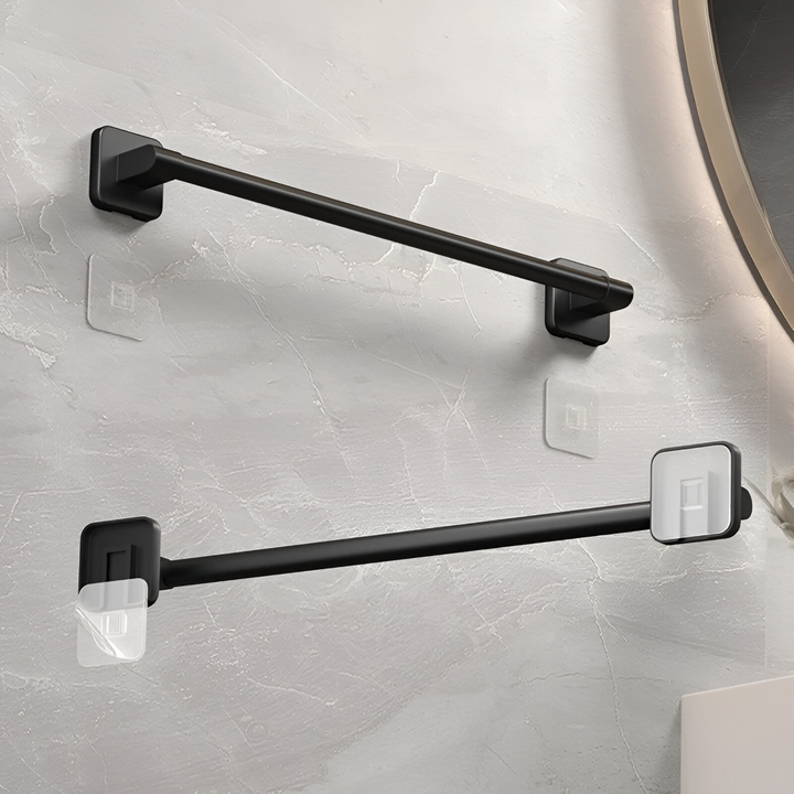 Porte-serviettes noir autocollant robuste en aluminium, accessoire de salle de bain moderne et durable.