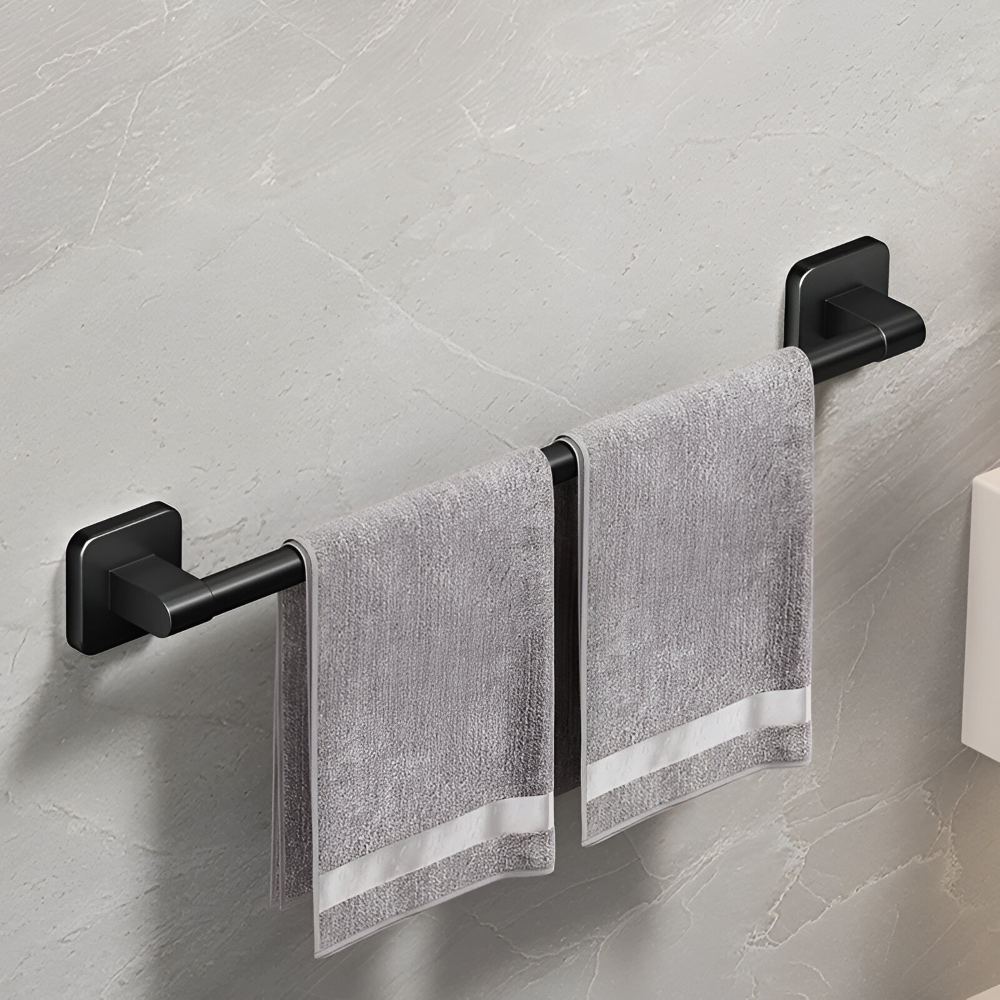 Porte-serviettes noir minimaliste autocollant pour salle de bain, maintient vos serviettes à portée de main.