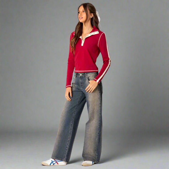 Pantalon jean femme taille basse confortable, tissu stretch moderne pour une silhouette décontractée tendance.
