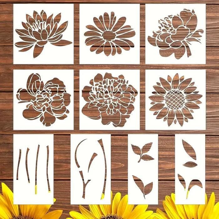 Lot de 10 pochoirs floraux pour projets DIY. Motifs variés de fleurs pour la décoration de murs, meubles, tissus et artisanat.