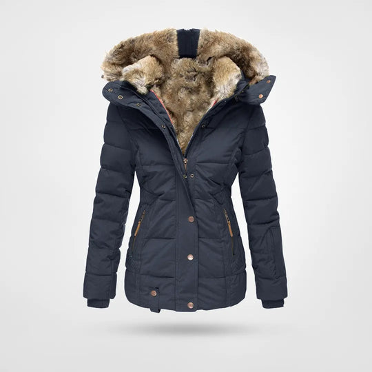 Veste d'hiver femme luxueuse, coupe élégante, chaude. Manteau avec capuche pour le grand froid et la mode.