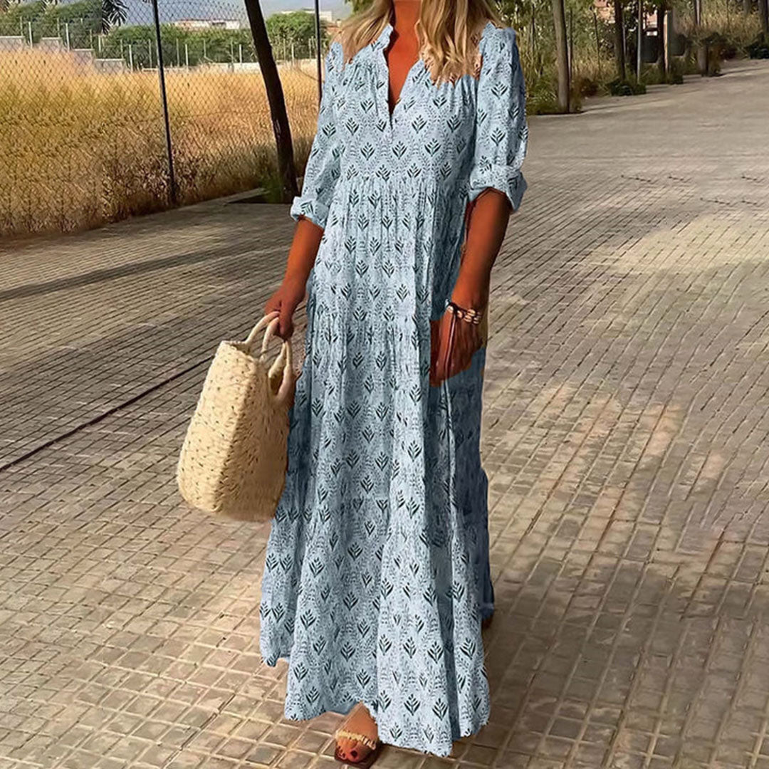 Robe maxi bohème femme élégante, col V, fluide. Parfaite pour mariage, soirée ou cérémonie d'été.