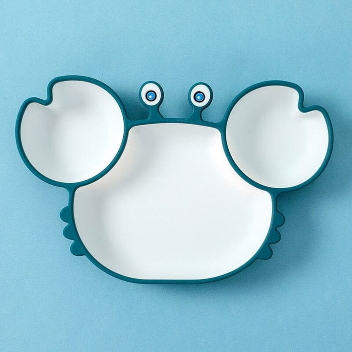 Assiette bébé en silicone durable, design crabe. Facile à nettoyer et antidérapante, parfaite pour les repas d'enfant.