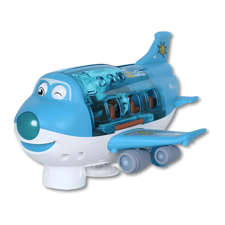 Jouet avion en plastique ABS avec lumières LED et sons, interactif pour stimulation sensorielle des enfants.