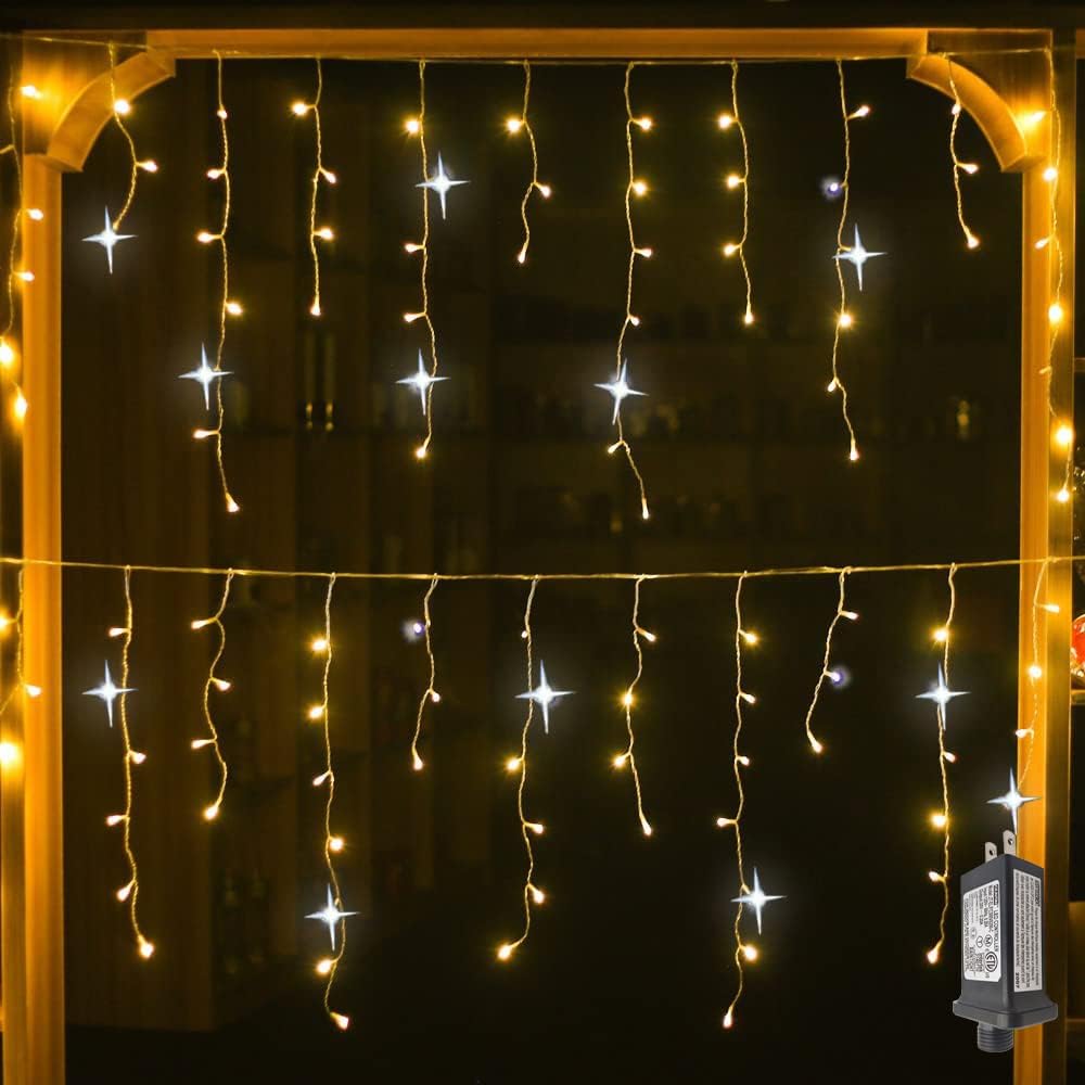 Guirlande rideaux lumineux LED blanc chaud, idéal pour Noël, mariage, ou fêtes en intérieur/extérieur.