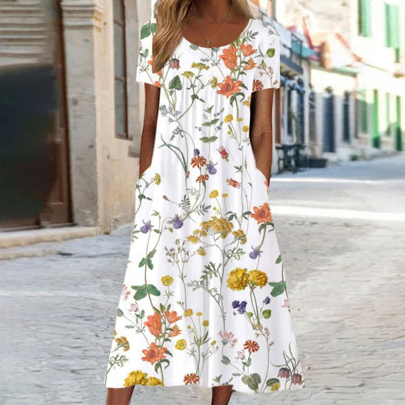 Robe florale légère d'été pour femme, motif printanier élégant et décontracté. Idéale pour les vacances ou la ville.