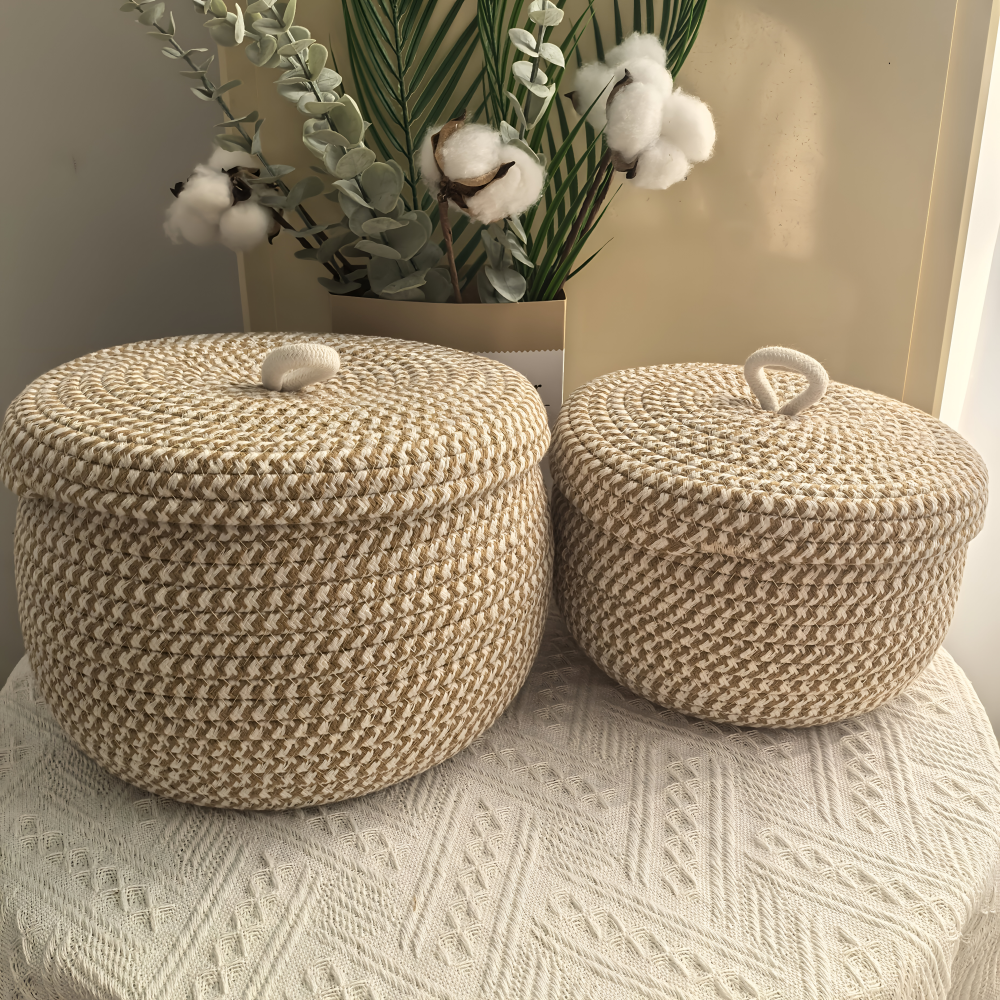 Panier de rangement rond boho en jute tressé avec couvercle, idéal pour la maison et la décoration.
