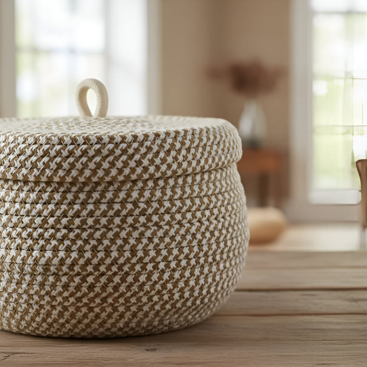 Panier de rangement décoratif rond avec couvercle, bohème chic, en jute, pour une maison ordonnée.