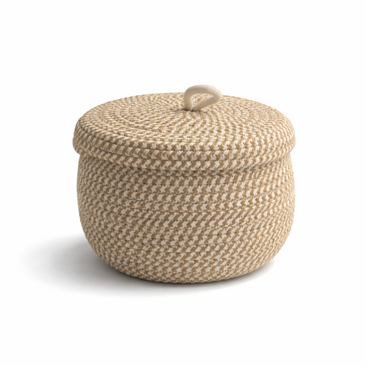 Panier de rangement rond artisanal avec couvercle, motif boho, pour une déco maison unique.