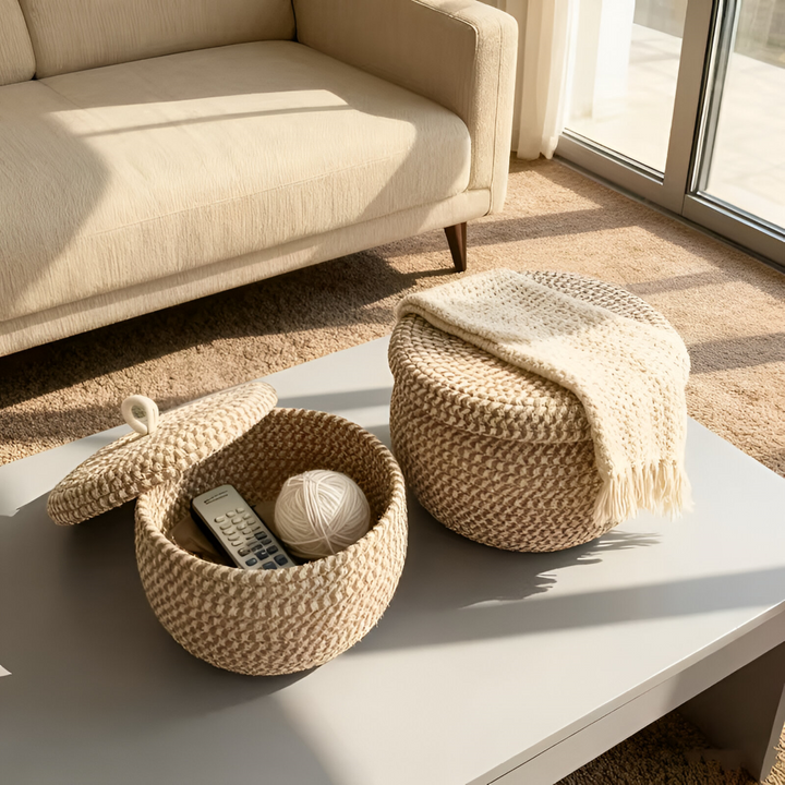 Élégant panier de rangement rond bohème avec couvercle, tissé main, parfait pour la maison moderne.