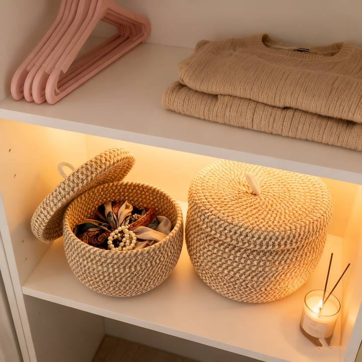 Corbeille décorative ronde boho en matériaux naturels, avec couvercle, pour un intérieur rangé.