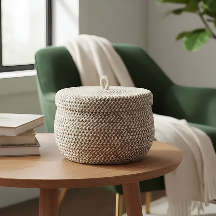 Panier de rangement rond en jute tressé, couvercle inclus, pour un look boho et pratique au quotidien.