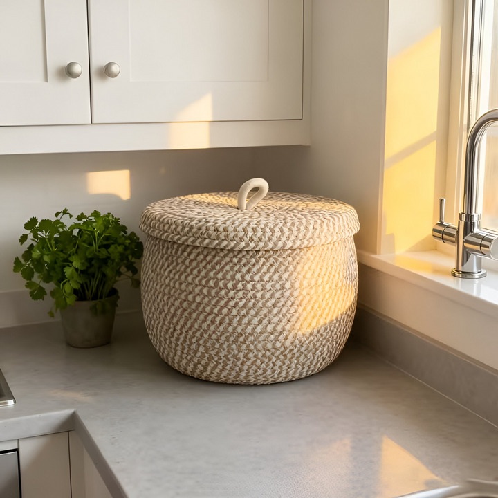 Corbeille de rangement ronde bohème en coton, avec couvercle, pour la décoration et le rangement maison.