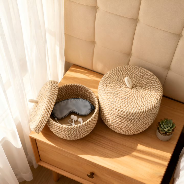 Organisateur de maison rond style boho avec couvercle, panier tissé pour tous types d'accessoires.