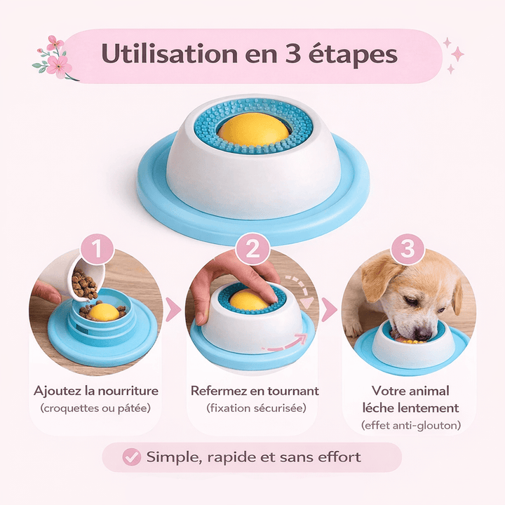 Détail du bol à lécher en silicone pour chien et chat. Surface texturée pour l'enrichissement, effet anti-stress et apaisant.