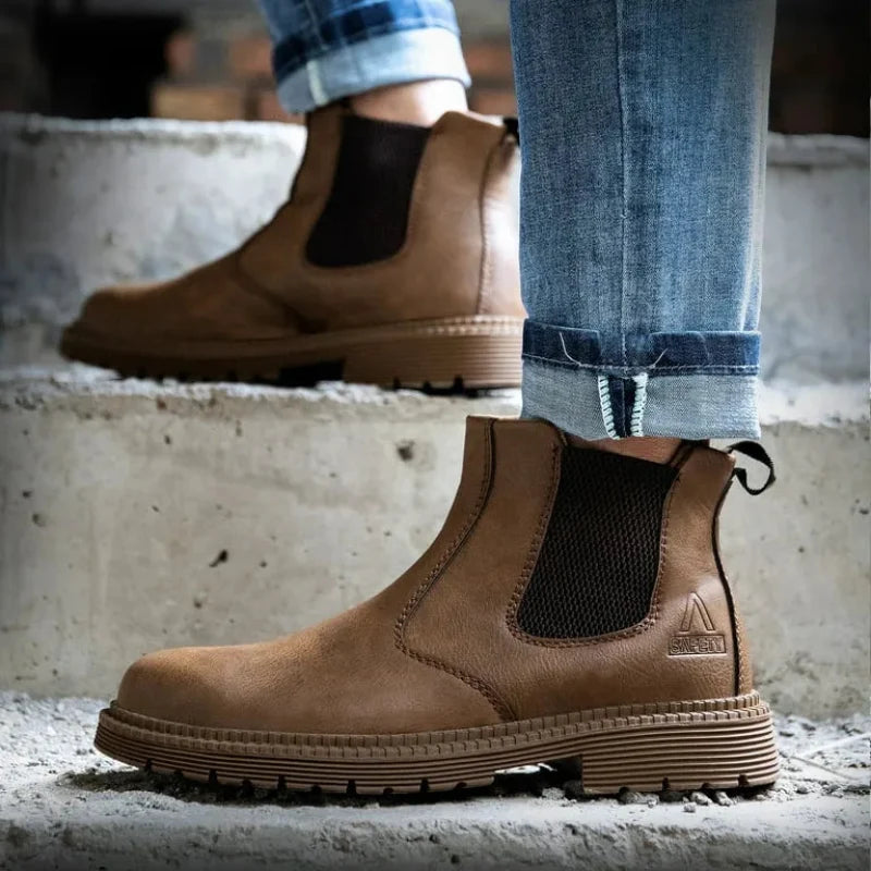 Bottes de sécurité pour hommes, étanches, robustes, antidérapantes, avec embout en acier pour une protection complète.