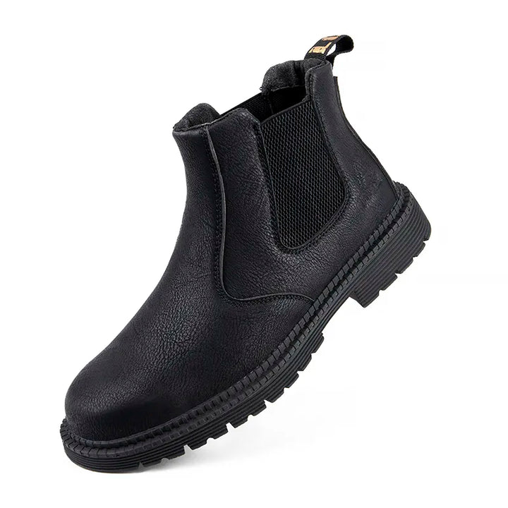 Paire de bottes de sécurité hommes avec embout acier, tige imperméable et semelle antidérapante pour le travail.