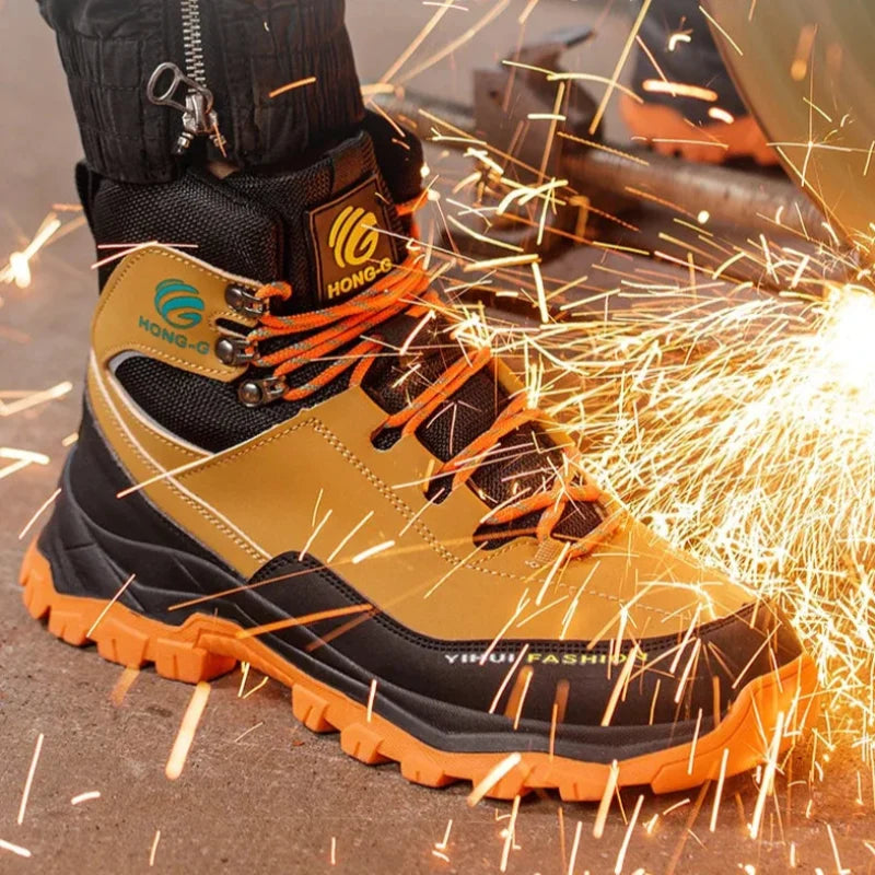 Chaussures de sécurité HONG-G avec embout acier, anti-perforation et semelle antidérapante, idéales chantier.