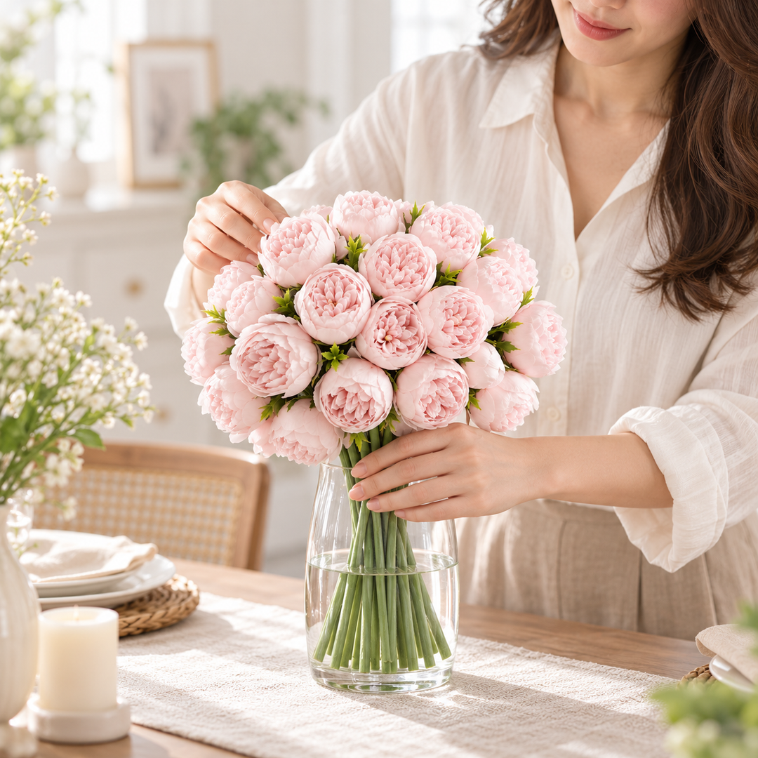 Bouquet de pivoines en soie éternelles, idéal pour une décoration florale élégante et romantique.