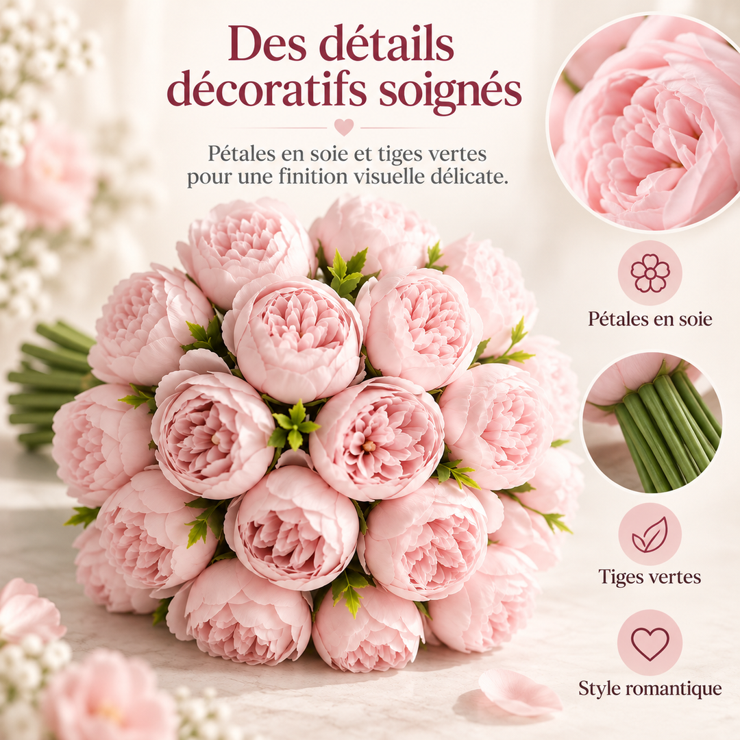Pivoines artificielles en soie réaliste, un bouquet éternel parfait pour décoration intérieure ou mariage.