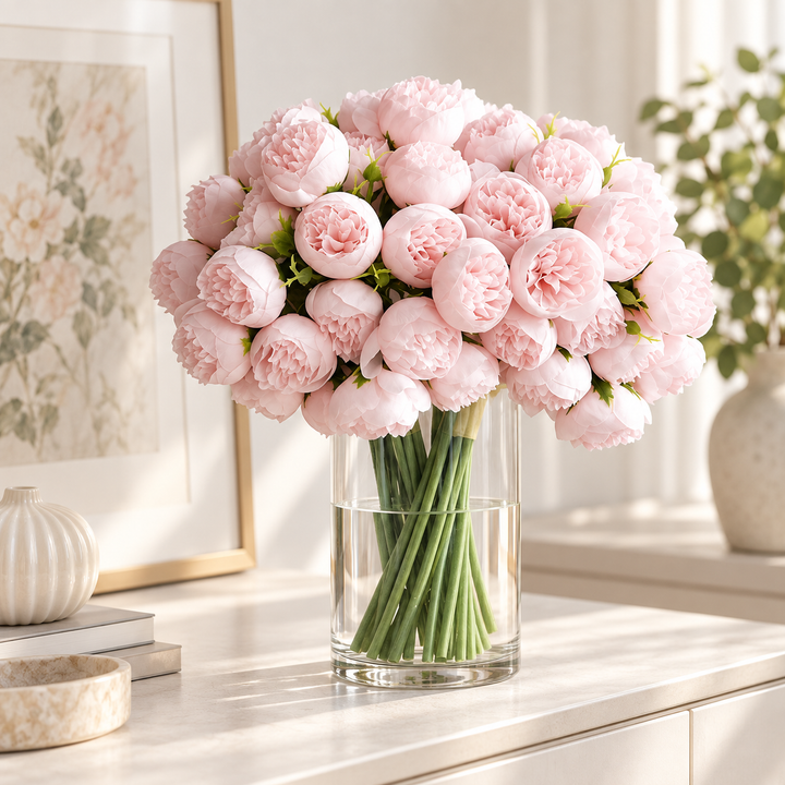 Bouquet romantique de pivoines en soie éternelles, idéal pour décorer mariages ou intérieurs.