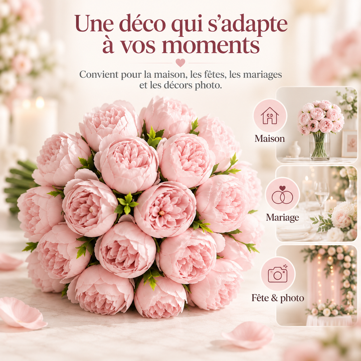 Magnifique bouquet de pivoines en soie dans un vase, décoration florale élégante pour tout événement.