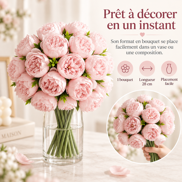 Gros plan sur les pétales délicats des pivoines artificielles en soie, pour une touche romantique.