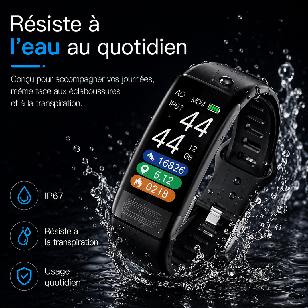 Gros plan sur l'écran d'un bracelet connecté affichant les pas et la distance parcourue du jour.