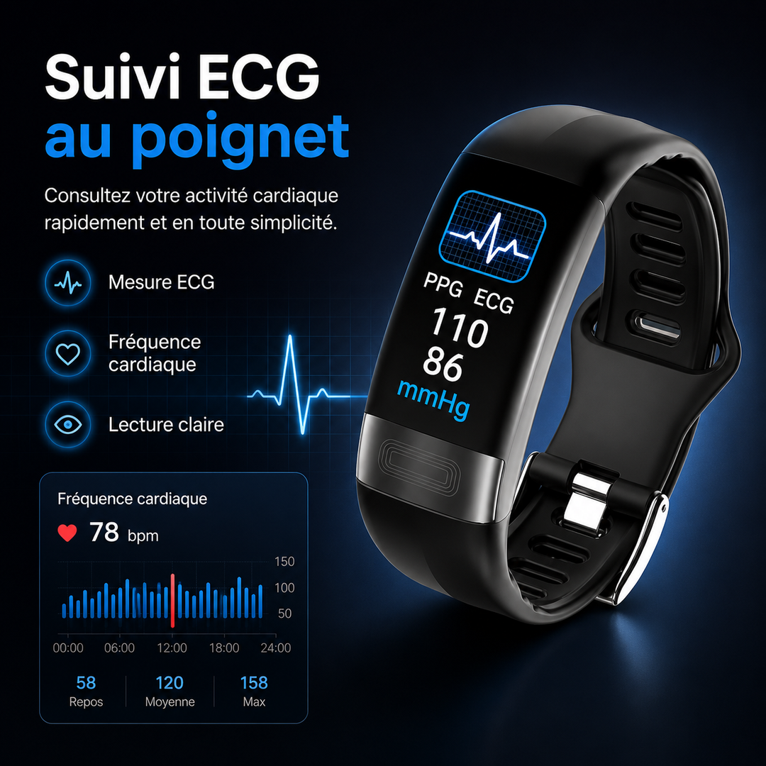 Bracelet connecté élégant en silicone noir, unisexe, pour un suivi santé discret et moderne.
