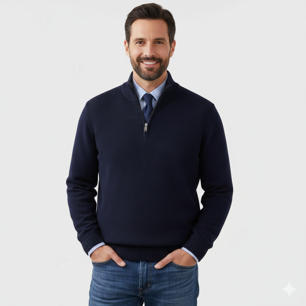Dos d'un pull Quarter-Zip homme coupe regular. Chandail confortable et basique pour une mode masculine élégante et versatile.