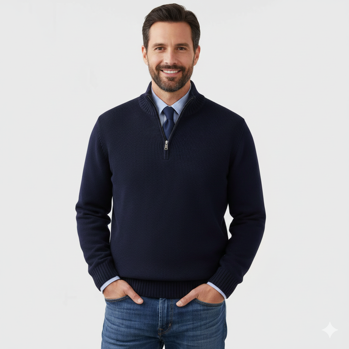 Dos d'un pull Quarter-Zip homme coupe regular. Chandail confortable et basique pour une mode masculine élégante et versatile.