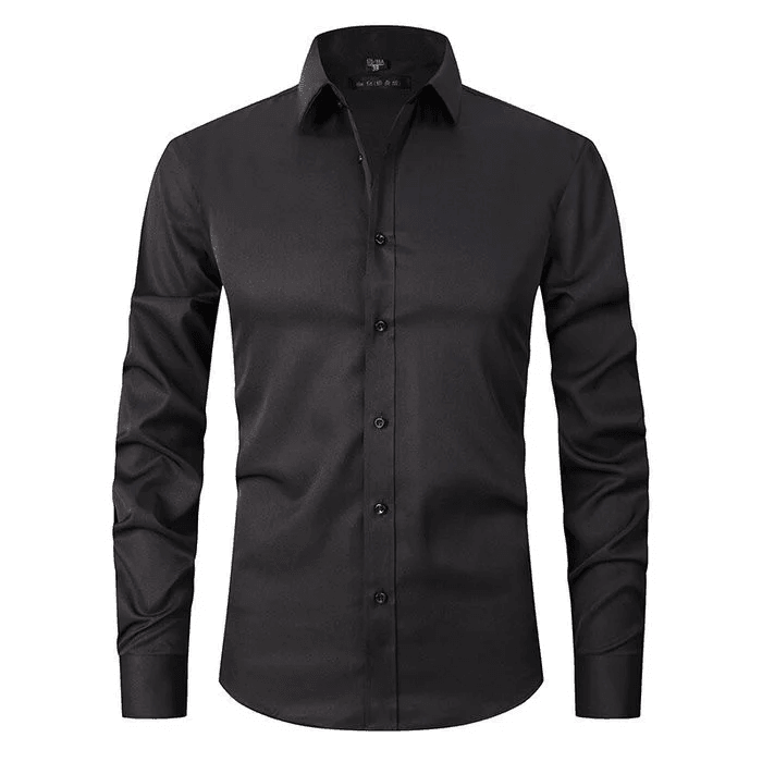 Gros plan sur le tissu stretch respirant de la chemise extensible hommes, entretien facile.