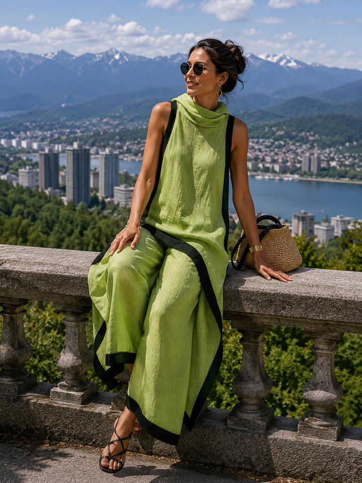 Ensemble femme lin coton, tunique asymétrique sans manches et pantalon large confortable pour l'été.
