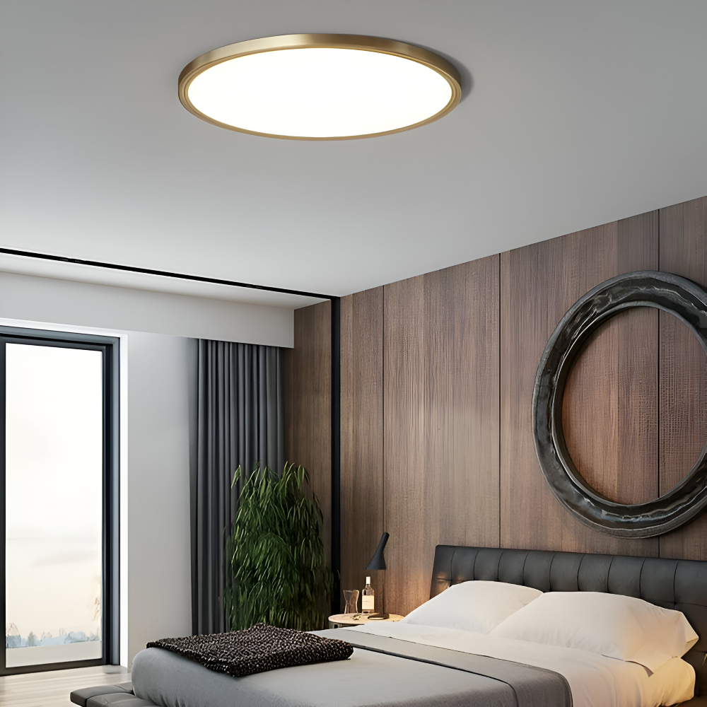 Luminaire LED plafond rond ultrafin bronze, éclairage doux pour chambre moderne.