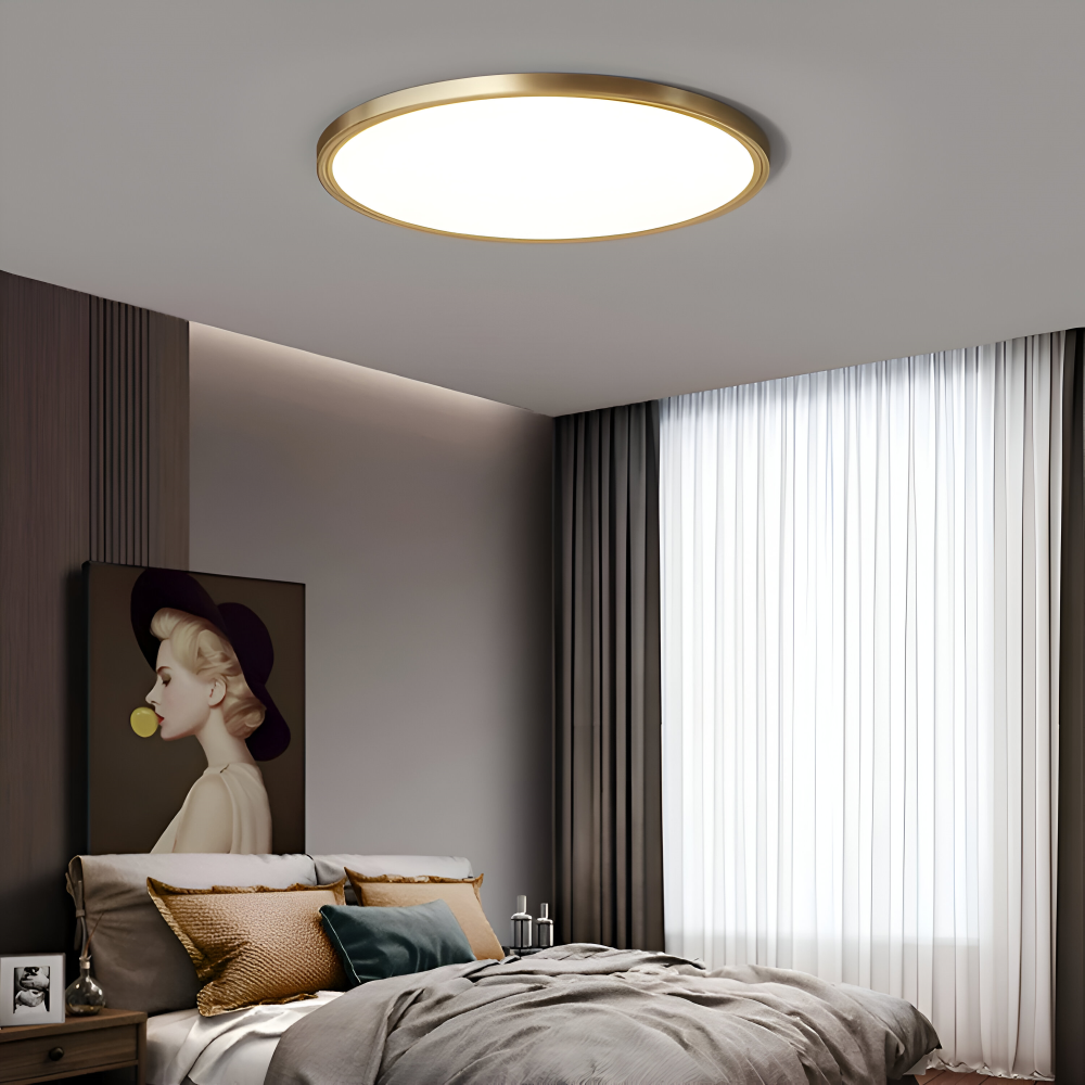 Éclairage LED plafond rond bronze, style ultrafin minimaliste pour un intérieur contemporain.