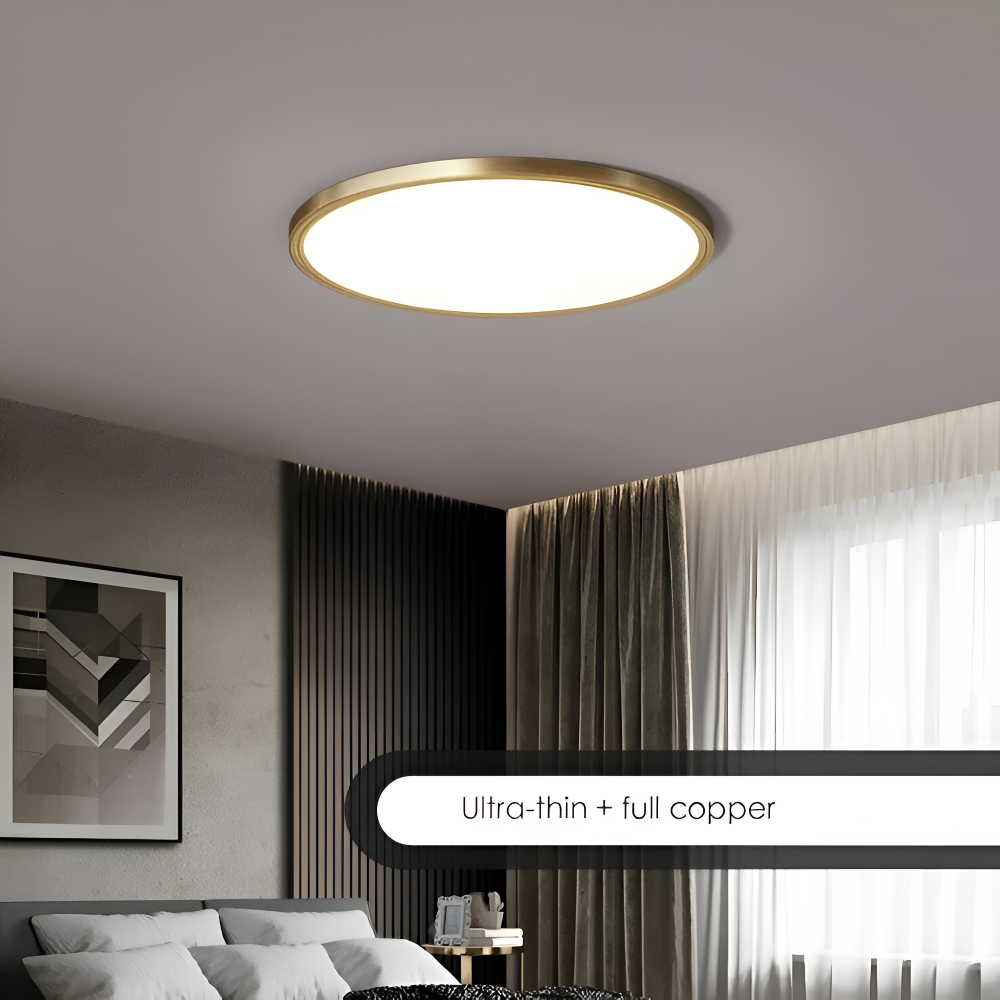 Luminaire LED rond ultrafin en bronze, idéal pour plafond, style moderne et chic.