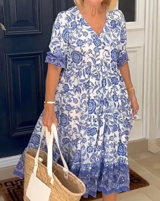 Robe florale longue avec col en V, pour femme, style chic et décontracté. Idéale pour l'élégance estivale printanière.