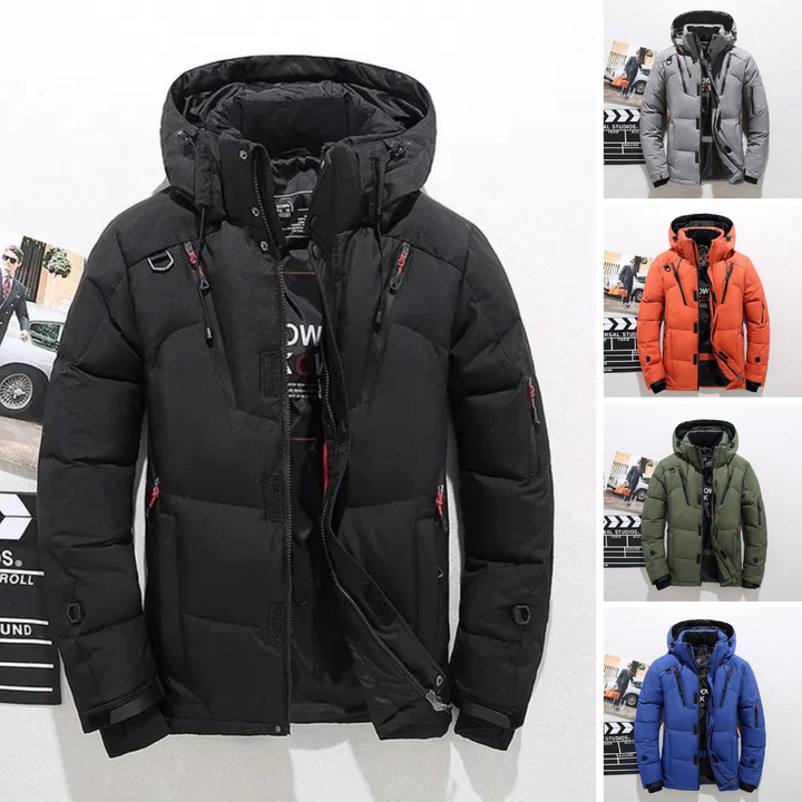Veste hiver homme matelassée élégante noire avec col montant zippé, coupe chic pour protection hiver.