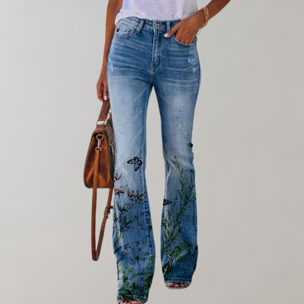 Pantalon femme évasé chic à motif floral, parfait pour printemps-été. Coupe flatteuse et moderne.