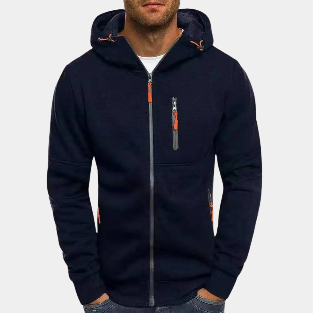 Mode masculine : sweat à capuche zippé léger et stylé. Parfait pour un look décontracté et sport.