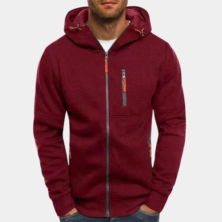 Pull homme léger à capuche zippé, polyvalent. Confortable pour sport ou détente, style décontracté.