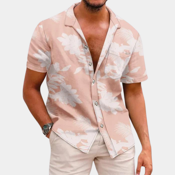 Vêtement homme, chemise décontractée à manches courtes avec imprimé floral, idéale pour la plage et l'été.