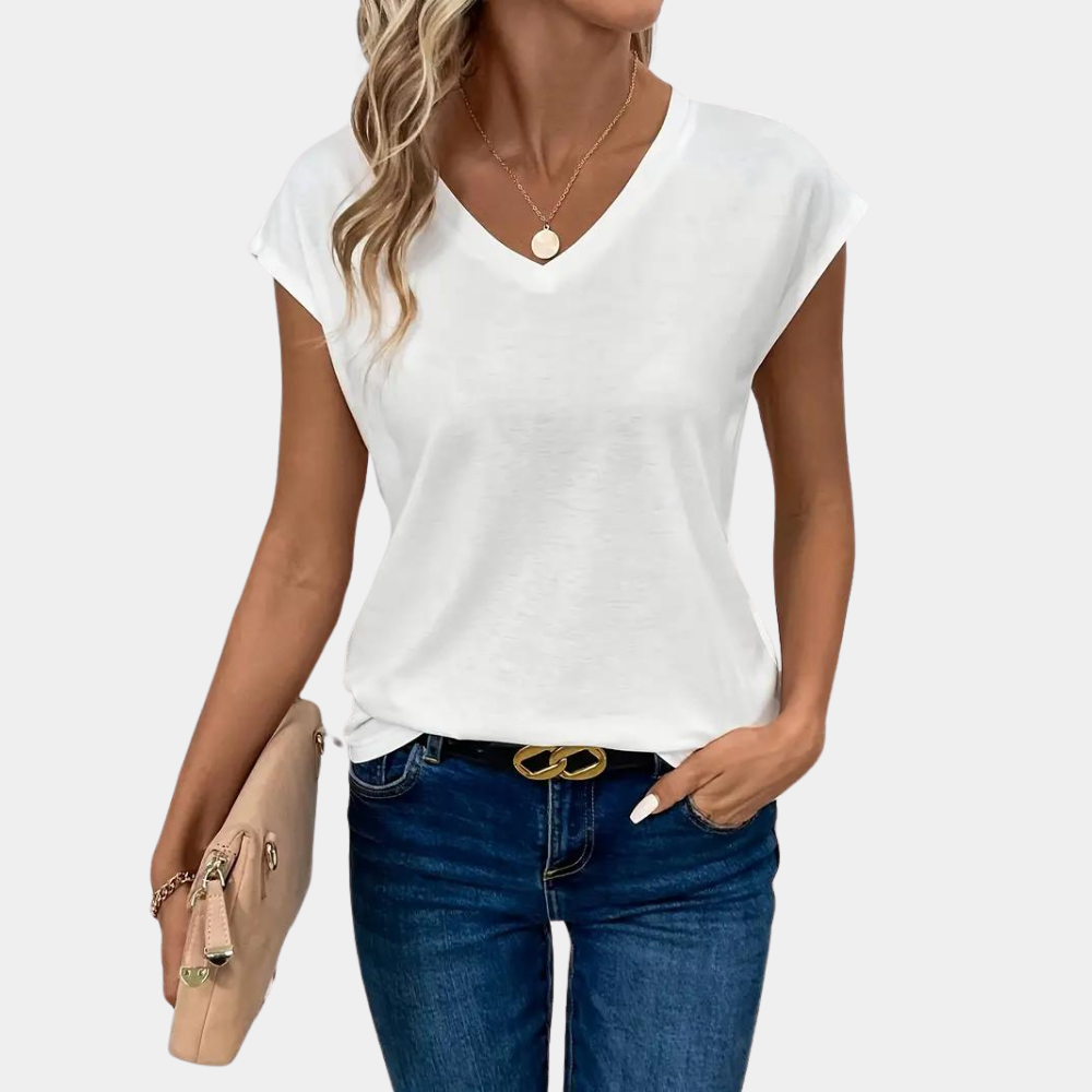 Haut femme Nahla, col V chic et décontracté, parfait pour un confort aéré au quotidien. Style moderne.