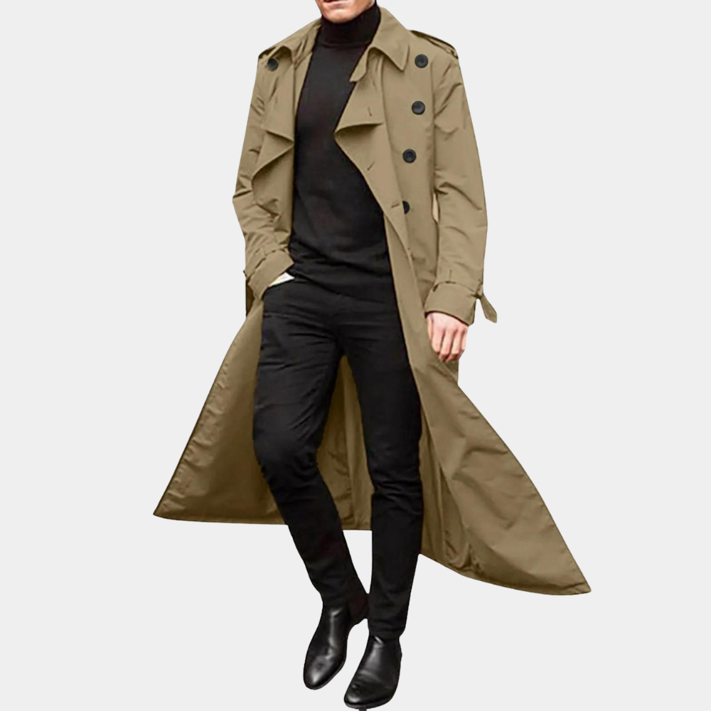 Trench-coat homme classique beige, double boutonnage, pour printemps/automne élégant et intemporel.