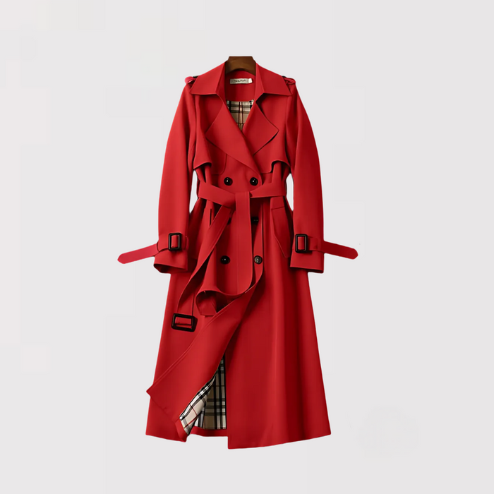 Dos d'un trench-coat femme élégant, coupe classique et longue, avec pli d'aisance, idéal mi-saison.