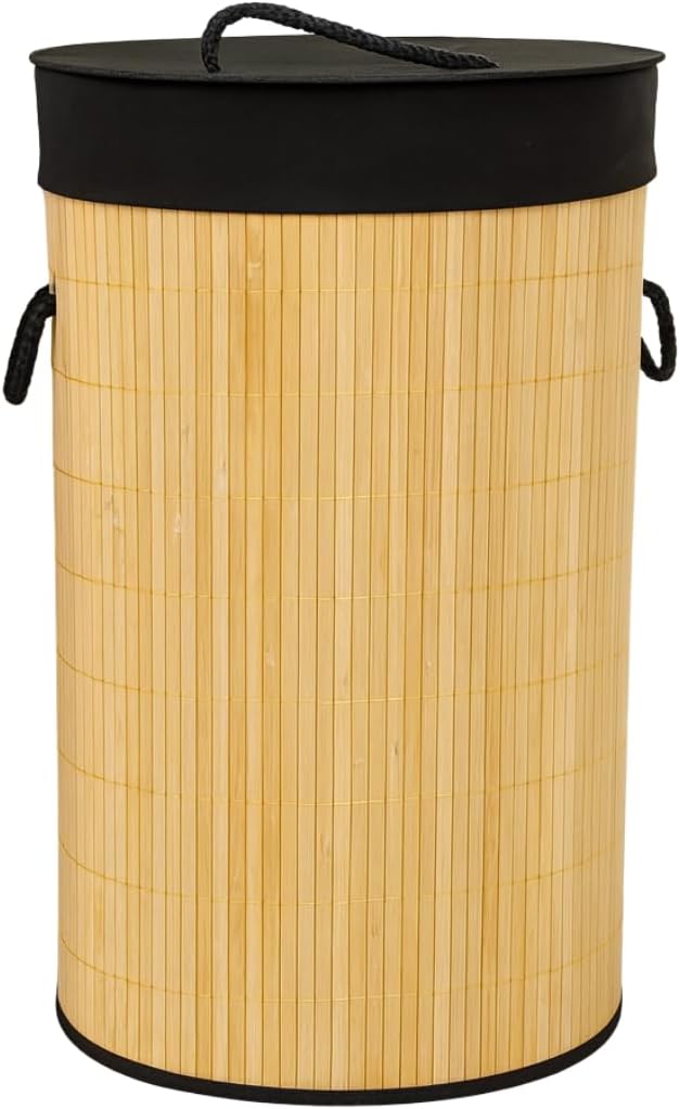 Grand panier à linge en bambou 60L, pliable et élégant, parfait pour organiser chambre ou salle de bain.