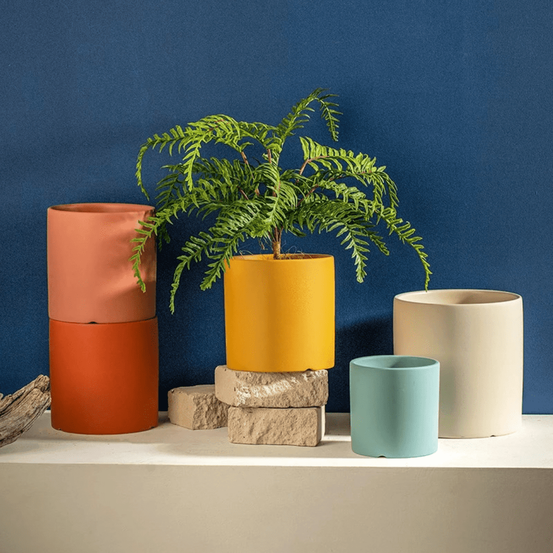 Pot de fleurs design moderne, couleur unie, avec soucoupe intégrée pour l'intérieur de votre maison.