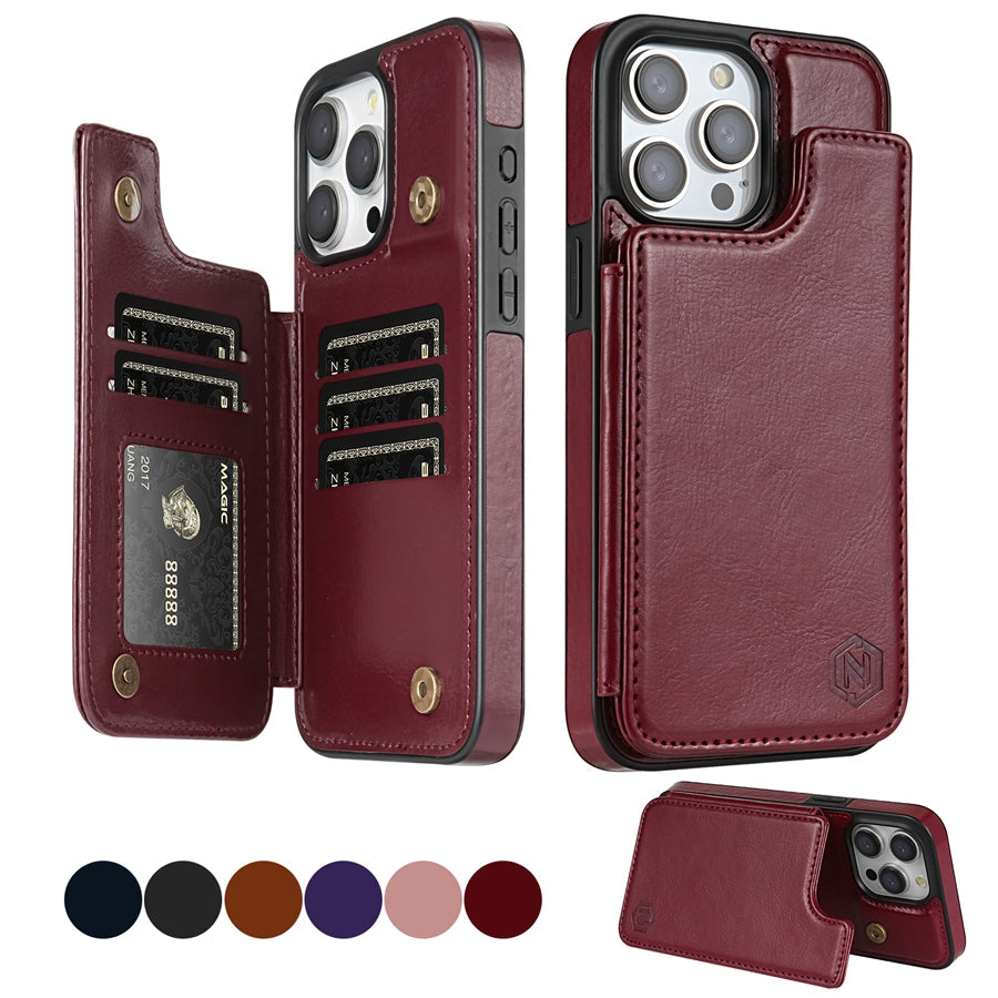 Coque iPhone 15/14/13 en cuir luxe, avec porte-cartes et rabat magnétique.